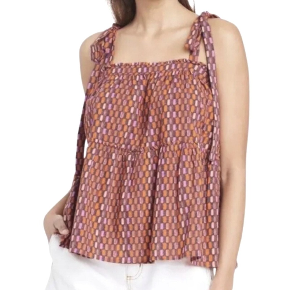 Universal Thread NWT Womens Geometric Tie‎ Strap Tiered Babydoll Tank Top L Pink